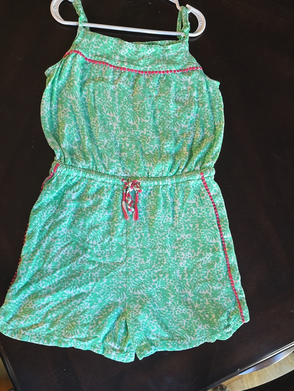 Boden Green Printed Girls' Viscose Romper with Pink Trim